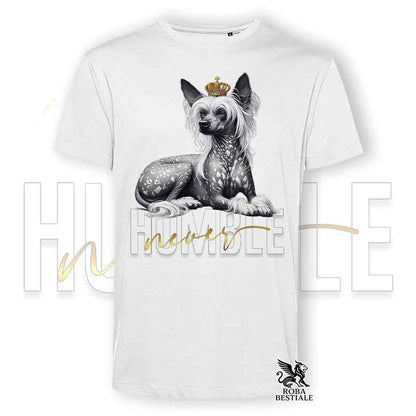 T-shirt stampata con un Chinese Crested Dog hairless, colore bianco con grafica Never Humble