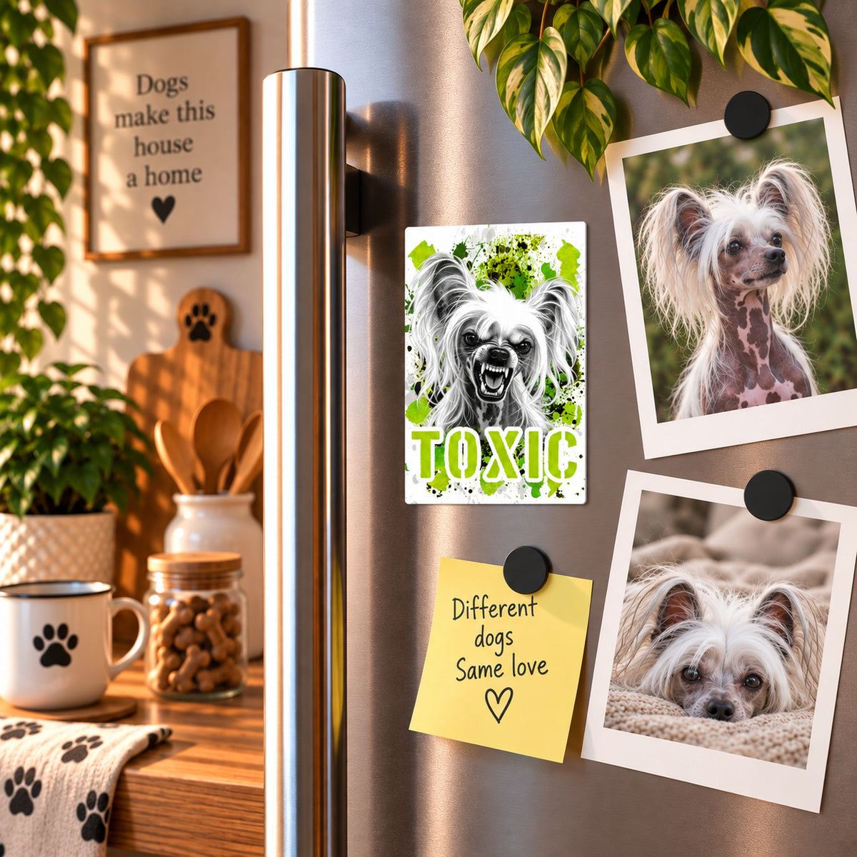 Calamita in MDF con la stampa di un Chinese Crested Dog. Idea regalo per amanti dei cani, da Roba Bestiale