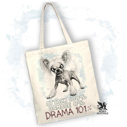 Borsa Tote bianca con stampata un Chinese Crested Dog, grafica Drama 101 originale di Roba Bestiale 