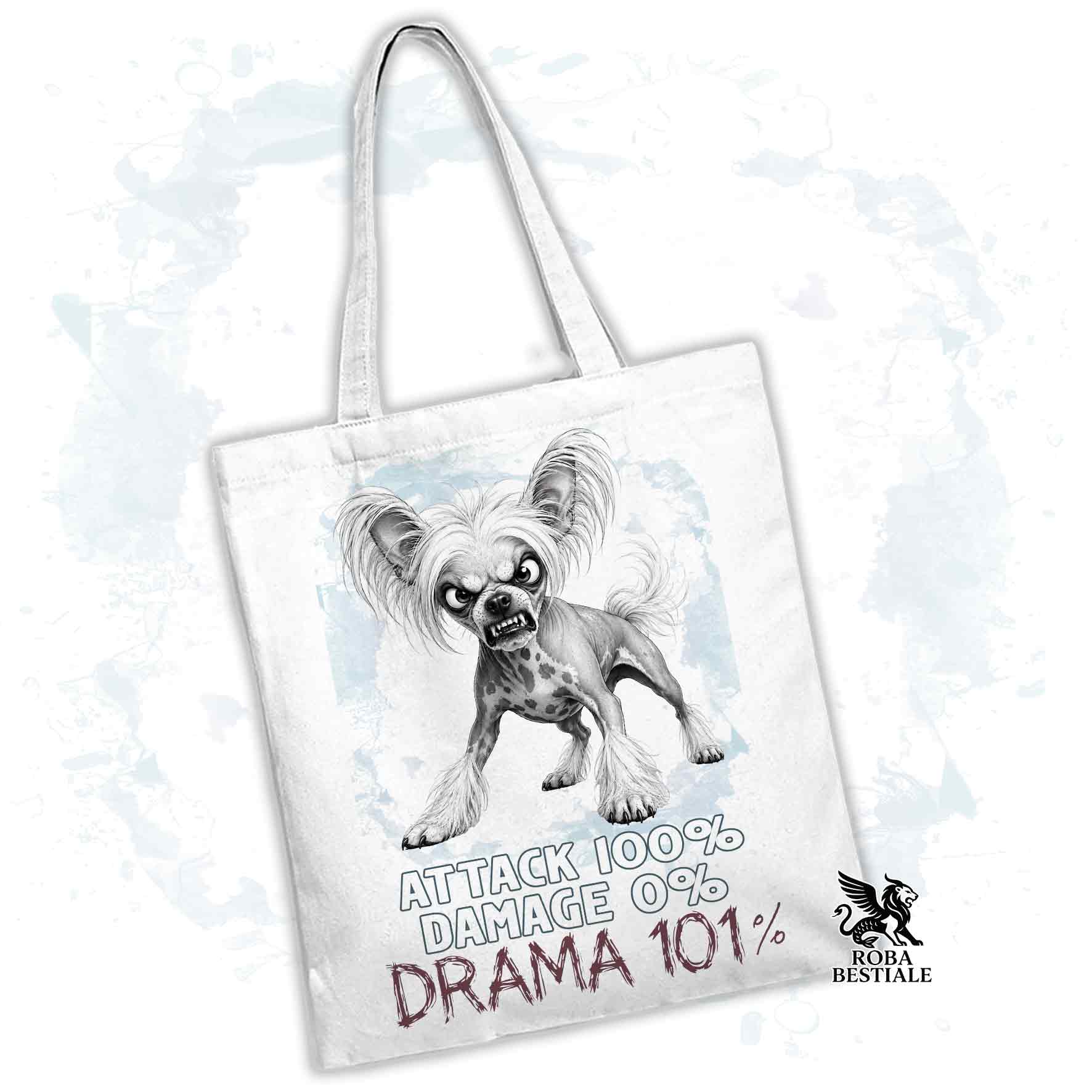 Borsa Tote bianca con stampata un Chinese Crested Dog, grafica Drama 101 originale di Roba Bestiale 