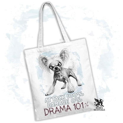 Borsa Tote bianca con stampata un Chinese Crested Dog, grafica Drama 101 originale di Roba Bestiale 