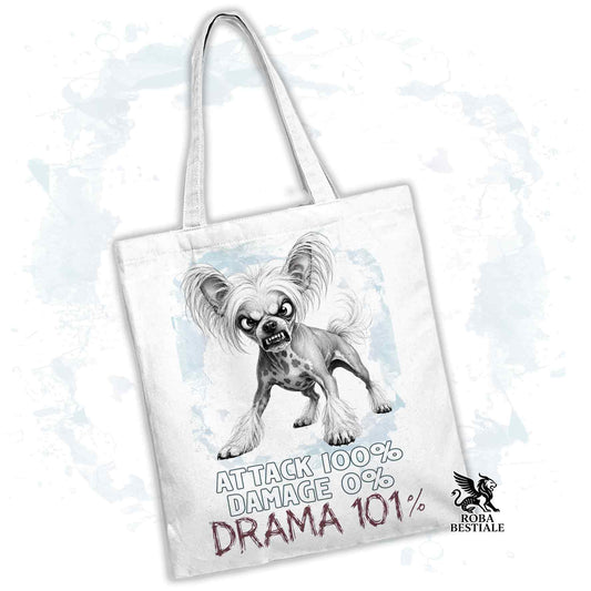 Borsa Tote bianca con stampata un Chinese Crested Dog, grafica Drama 101 originale di Roba Bestiale 