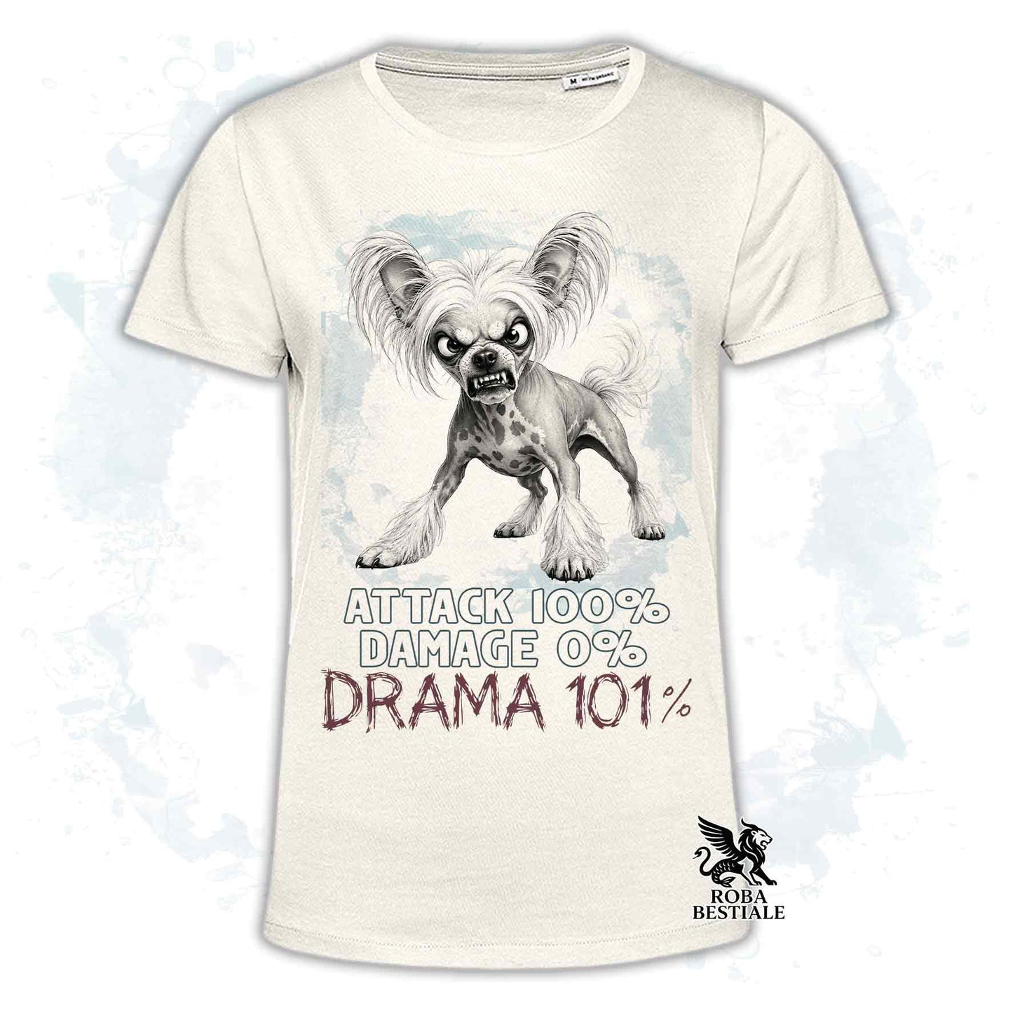 Maglietta beige stampata con un Chinese Crested Dog, collezione originale Drama 101 di Roba Bestiale 
