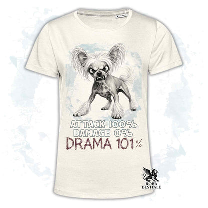Maglietta beige stampata con un Chinese Crested Dog, collezione originale Drama 101 di Roba Bestiale 