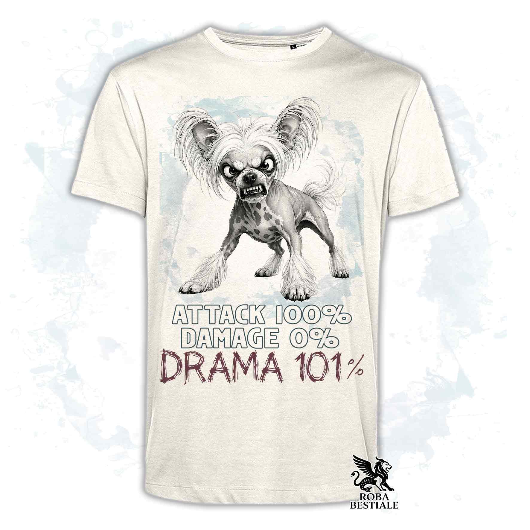 Maglietta beige stampata con un Chinese Crested Dog, collezione originale Drama 101 di Roba Bestiale 