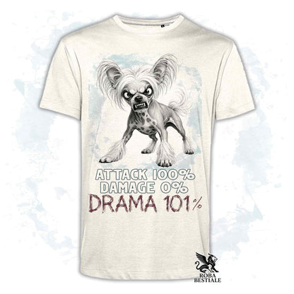 Maglietta beige stampata con un Chinese Crested Dog, collezione originale Drama 101 di Roba Bestiale 