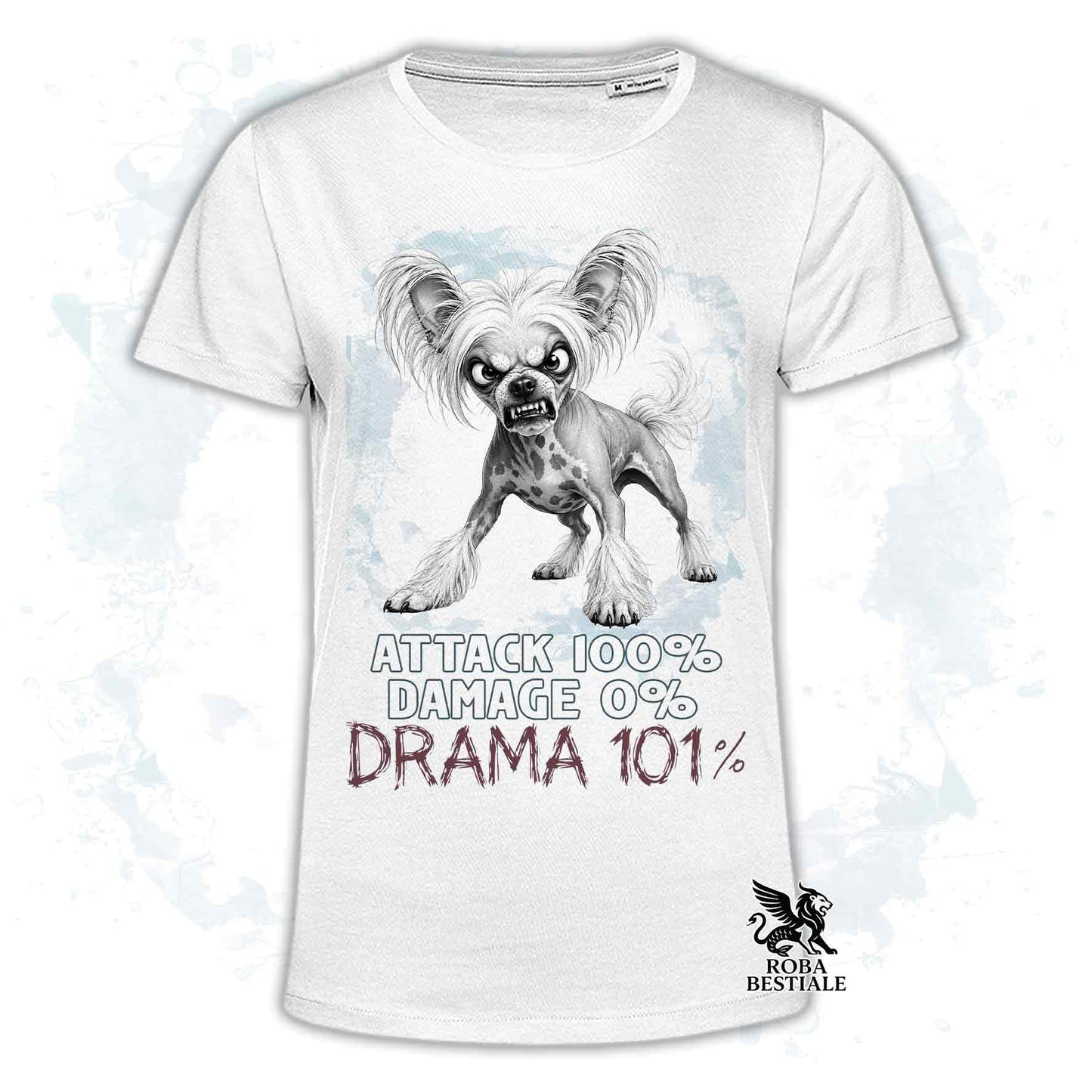 Maglietta bianca stampata con un Chinese Crested Dog, collezione originale Drama 101 di Roba Bestiale 