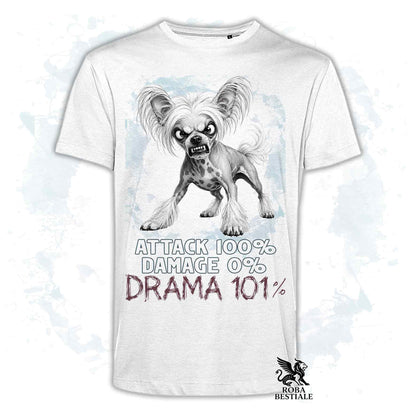 Maglietta bianca stampata con un Chinese Crested Dog, collezione originale Drama 101 di Roba Bestiale 