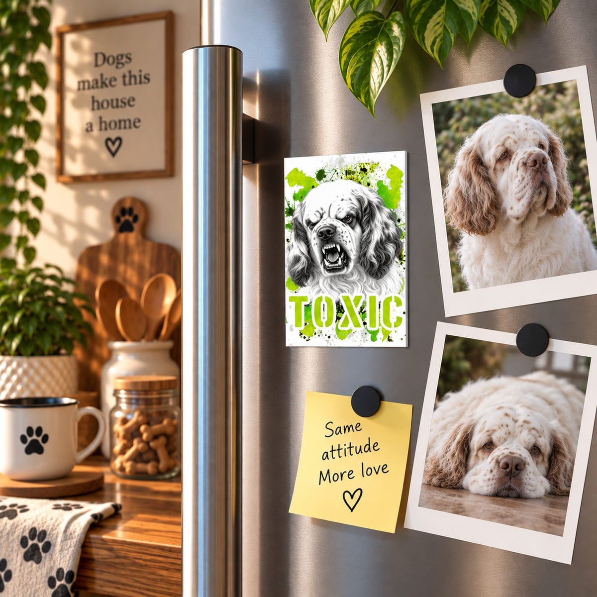 Calamita in MDF con la stampa di un Clumber Spaniel. Idea regalo per amanti dei cani, da Roba Bestiale