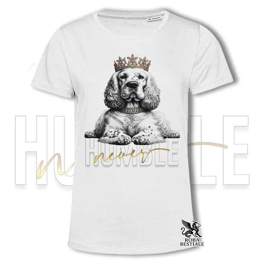 T-shirt stampata con un Clumber Spaniel, colore bianco con grafica Never Humble