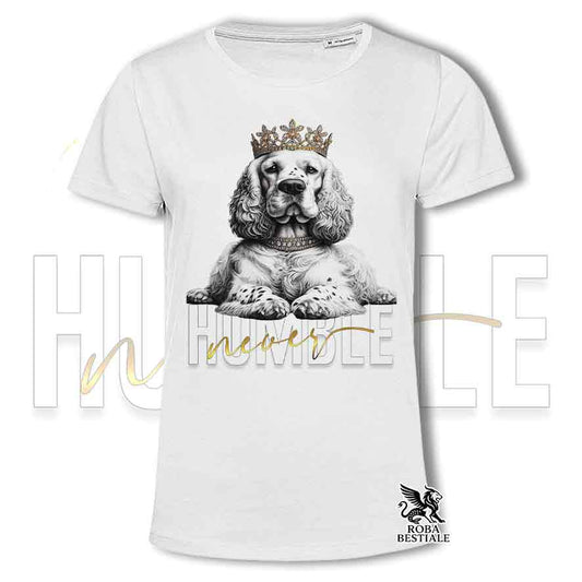 T-shirt stampata con un Clumber Spaniel, colore bianco con grafica Never Humble