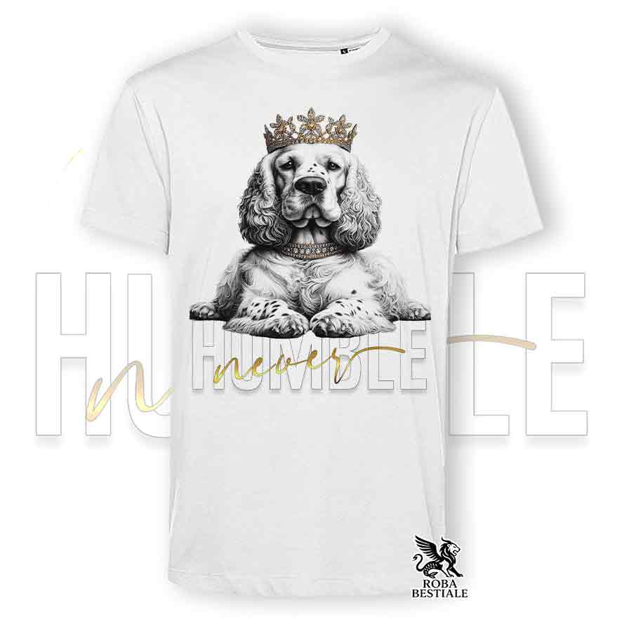 T-shirt stampata con un Clumber Spaniel, colore bianco con grafica Never Humble