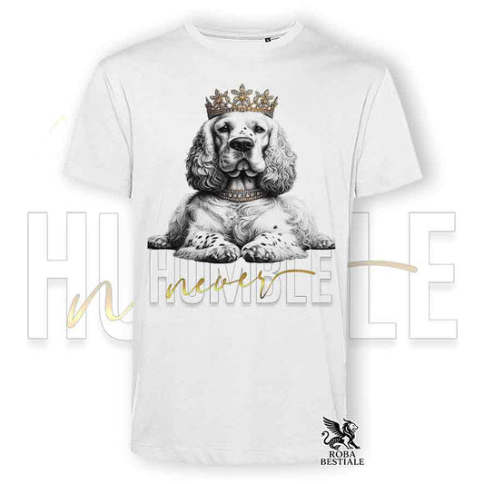 T-shirt stampata con un Clumber Spaniel, colore bianco con grafica Never Humble
