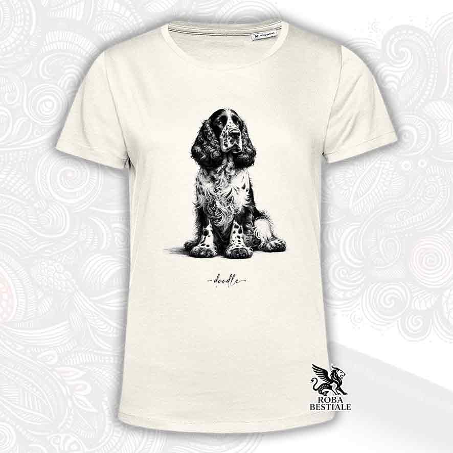 T-shirt beige stampata con un Cocker Spaniel Inglese, grafica Doodle