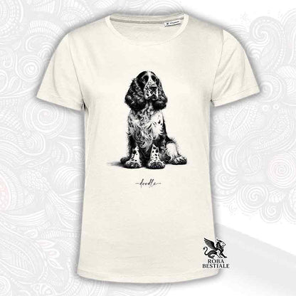 T-shirt beige stampata con un Cocker Spaniel Inglese, grafica Doodle