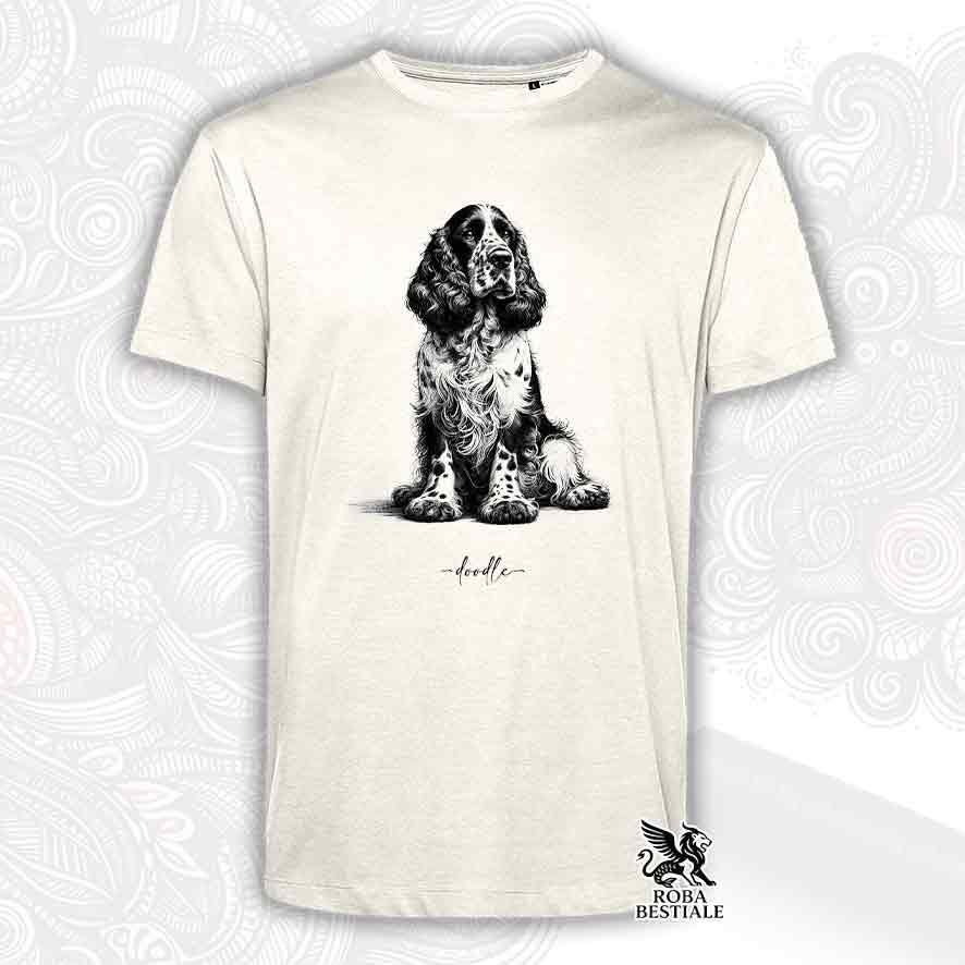 T-shirt beige stampata con un Cocker Spaniel Inglese, grafica Doodle