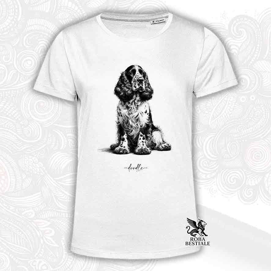 T-shirt bianca stampata con un Cocker Spaniel Inglese, grafica Doodle