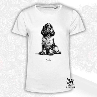 T-shirt bianca stampata con un Cocker Spaniel Inglese, grafica Doodle