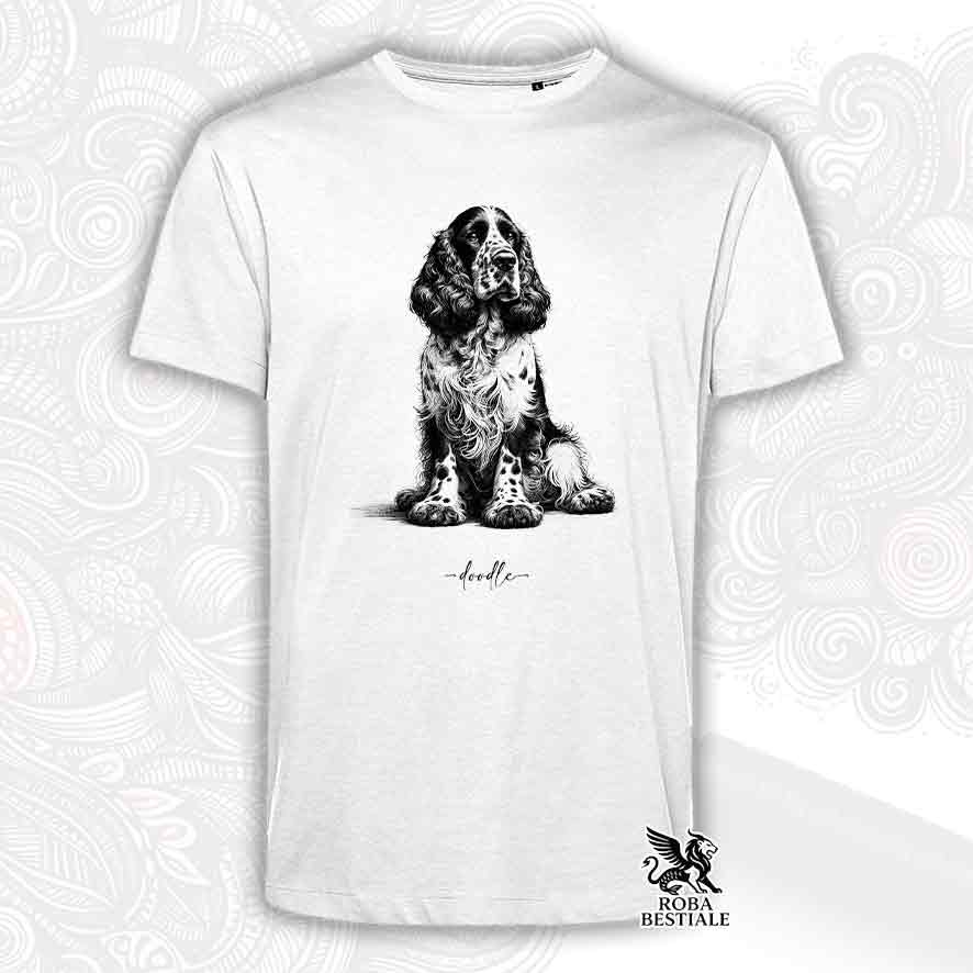 T-shirt bianca stampata con un Cocker Spaniel Inglese, grafica Doodle