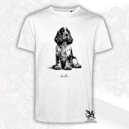T-shirt bianca stampata con un Cocker Spaniel Inglese, grafica Doodle