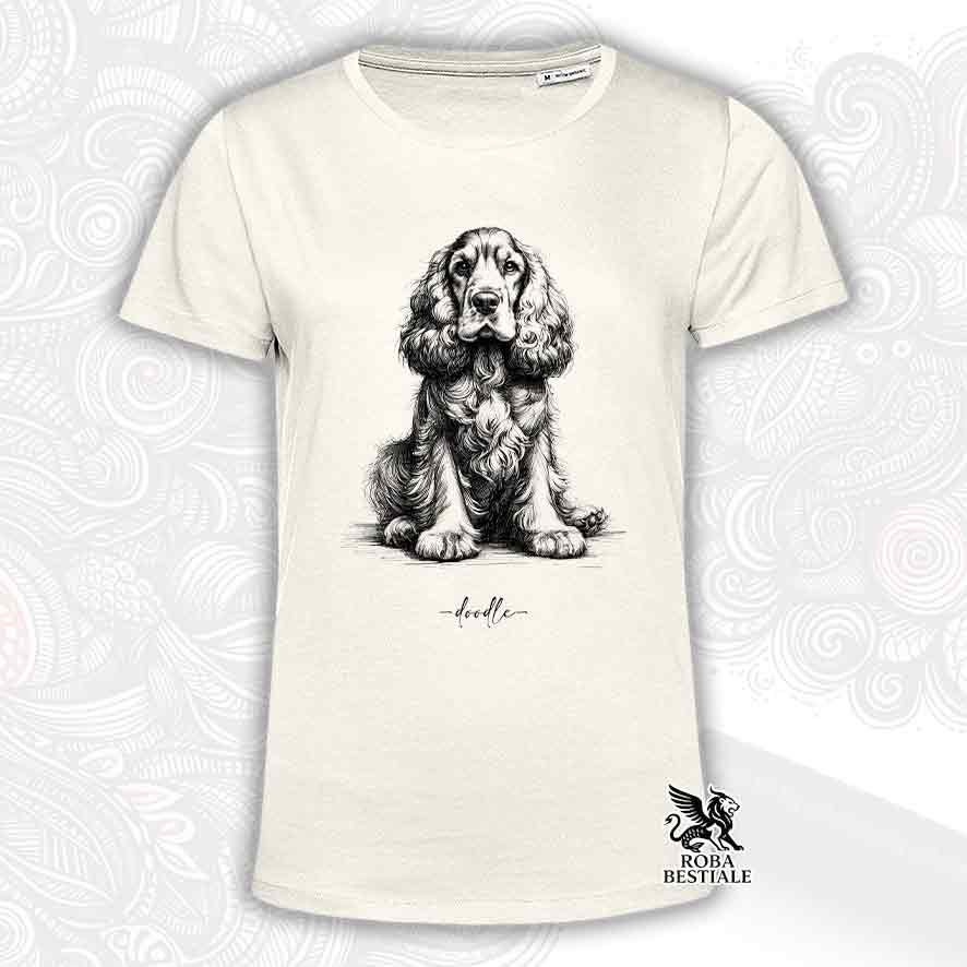 T-shirt beige stampata con un Cocker Spaniel Inglese, grafica Doodle