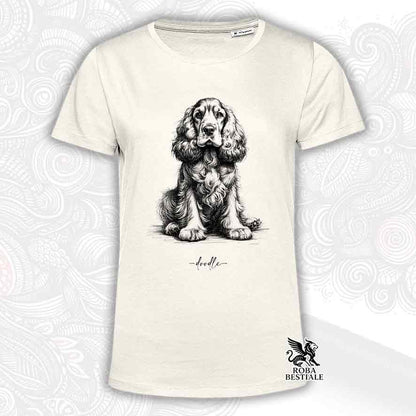 T-shirt beige stampata con un Cocker Spaniel Inglese, grafica Doodle