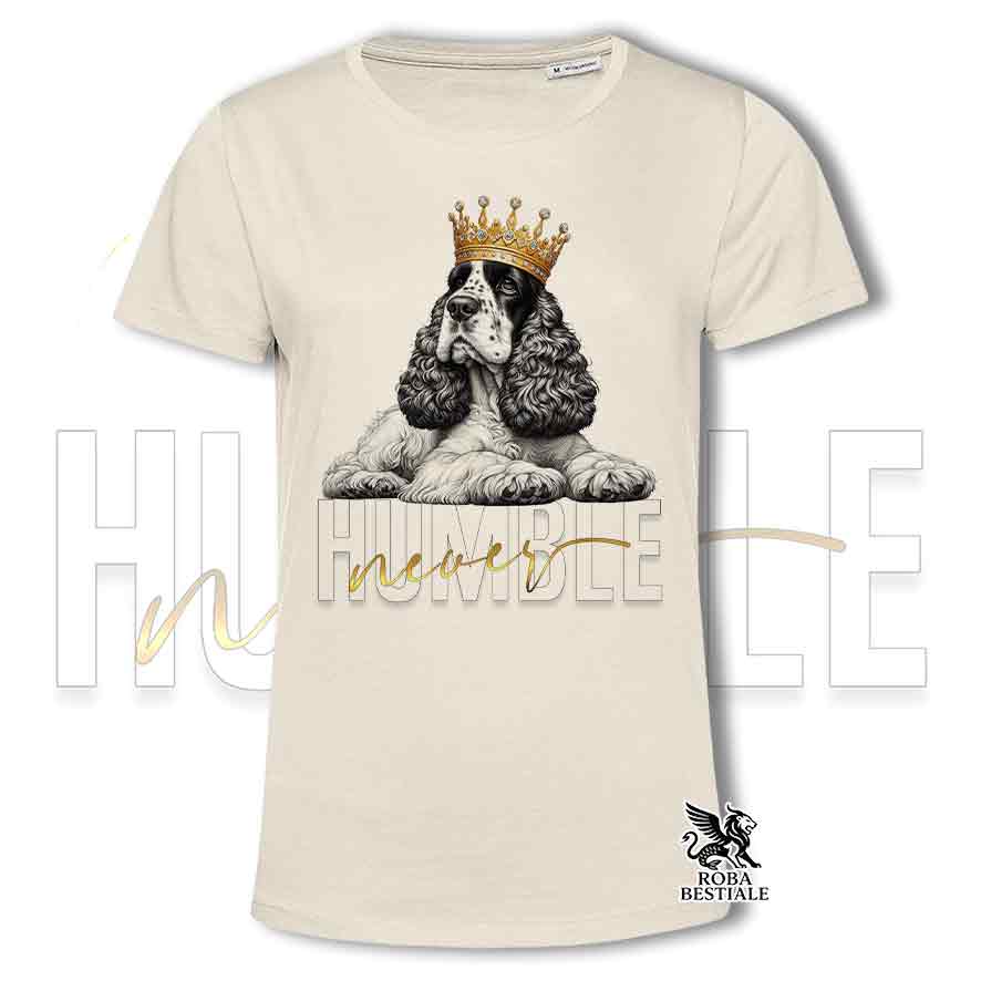 T-shirt stampata con un Cocker Spaniel Inglese, colore bianco con grafica Never Humble