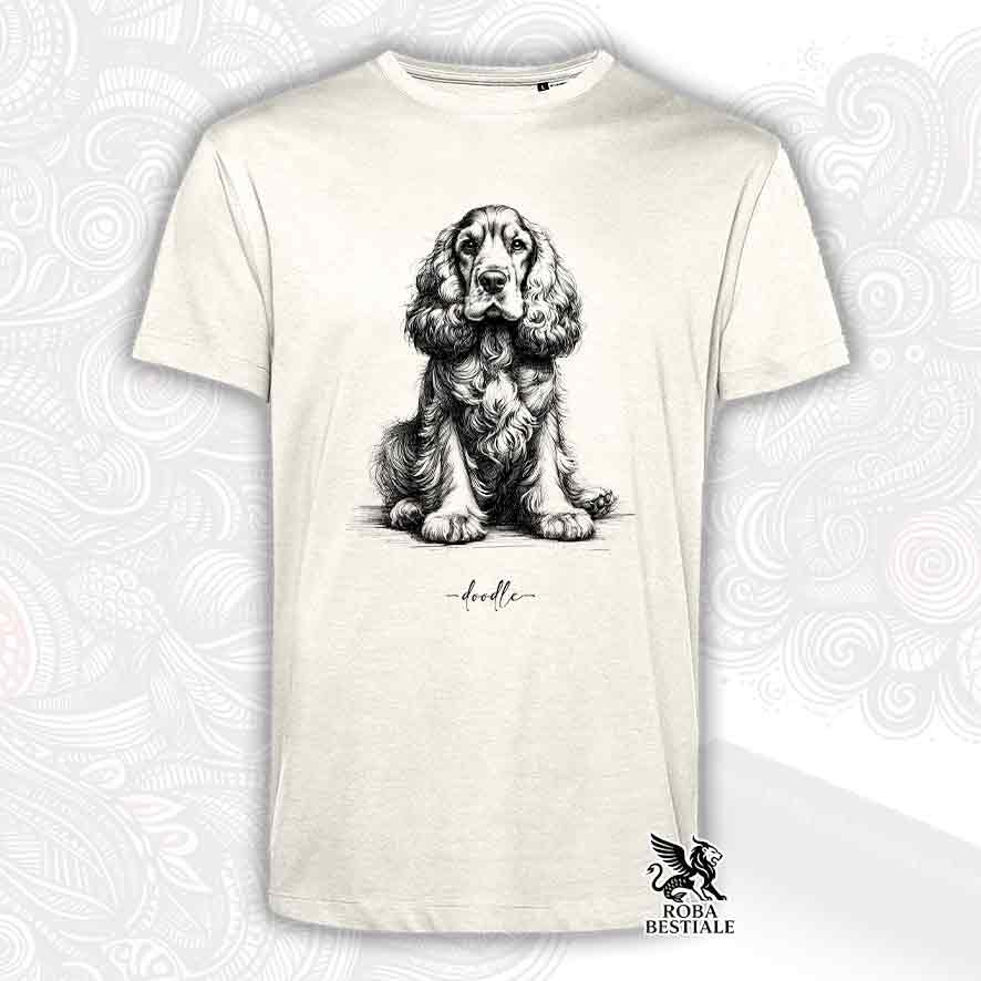 T-shirt beige stampata con un Cocker Spaniel Inglese, grafica Doodle
