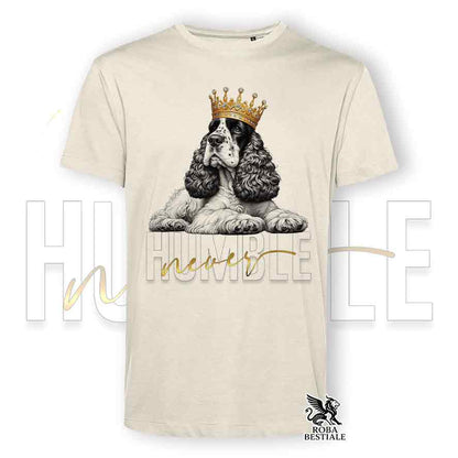 T-shirt stampata con un Cocker Spaniel Inglese, colore beige con grafica Never Humble
