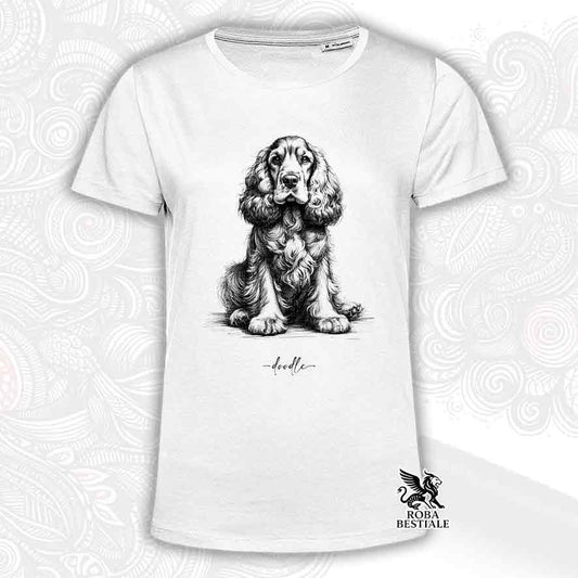 T-shirt bianca stampata con un Cocker Spaniel Inglese, grafica Doodle