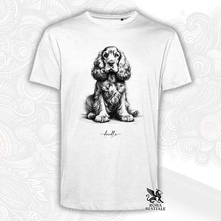 T-shirt bianca stampata con un Cocker Spaniel Inglese, grafica Doodle