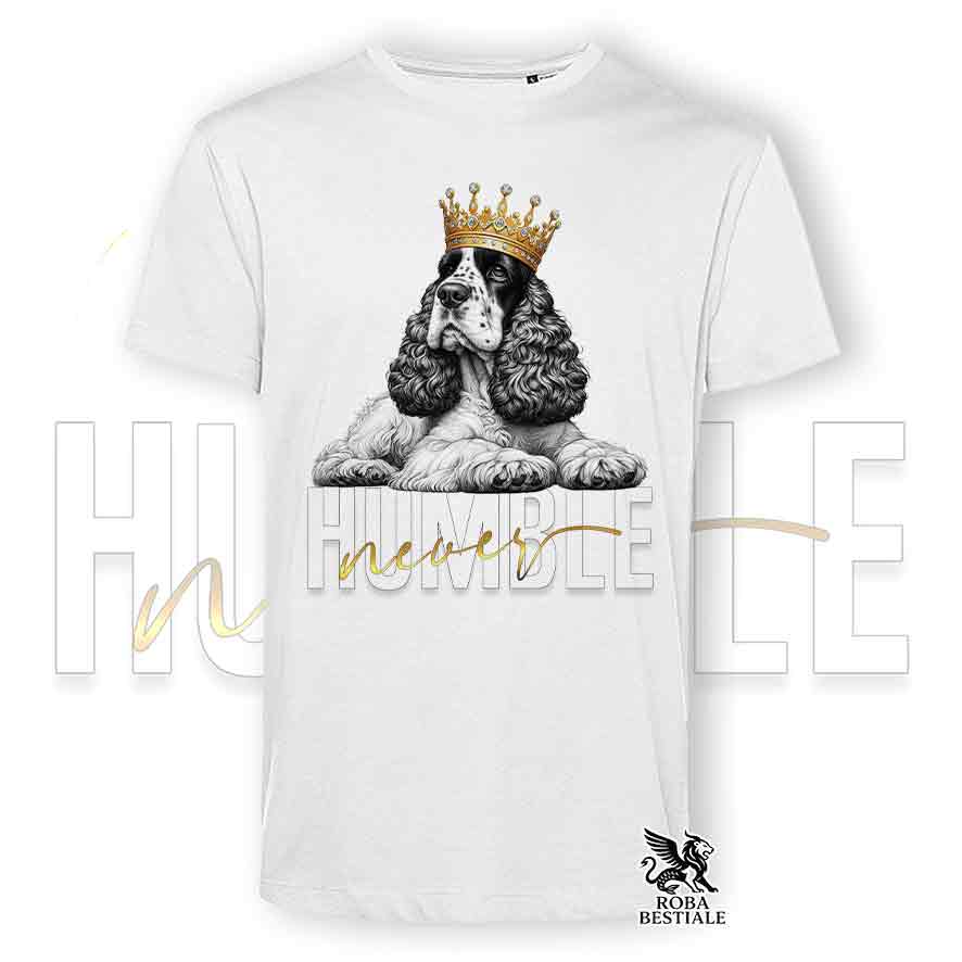 T-shirt stampata con un Cocker Spaniel Inglese, colore bianco con grafica Never Humble