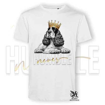 T-shirt stampata con un Cocker Spaniel Inglese, colore bianco con grafica Never Humble