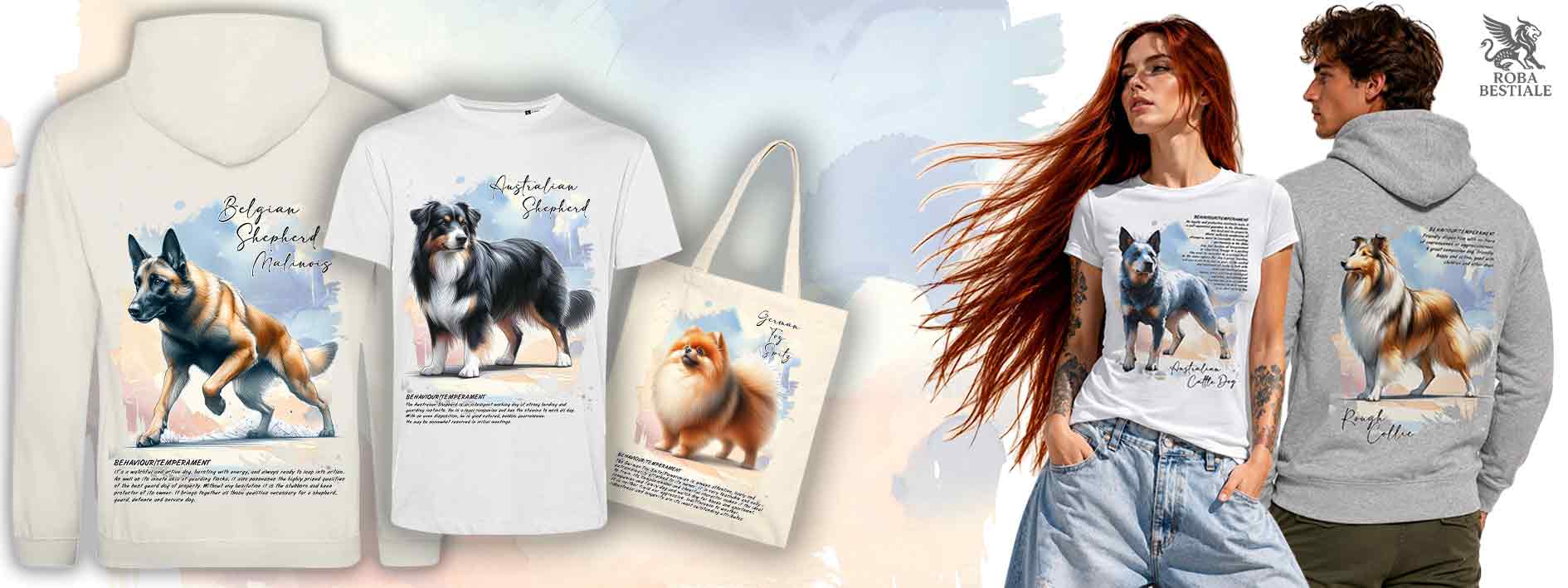 Banner con esempi di abbigliamento della collezione Behavior. Idee regalo da Roba Bestiale