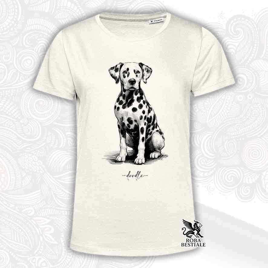 T-shirt beige stampata con un Dalmata, grafica Doodle