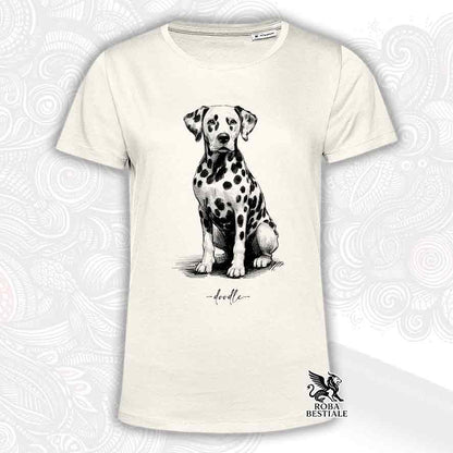 T-shirt beige stampata con un Dalmata, grafica Doodle
