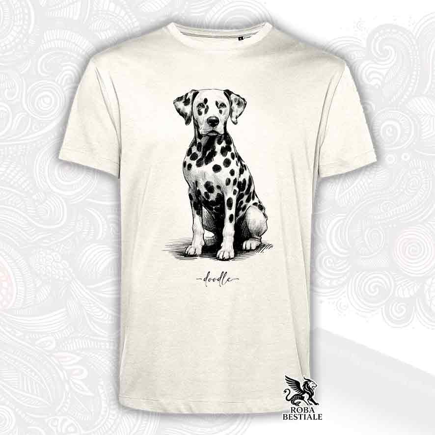 T-shirt beige stampata con un Dalmata, grafica Doodle