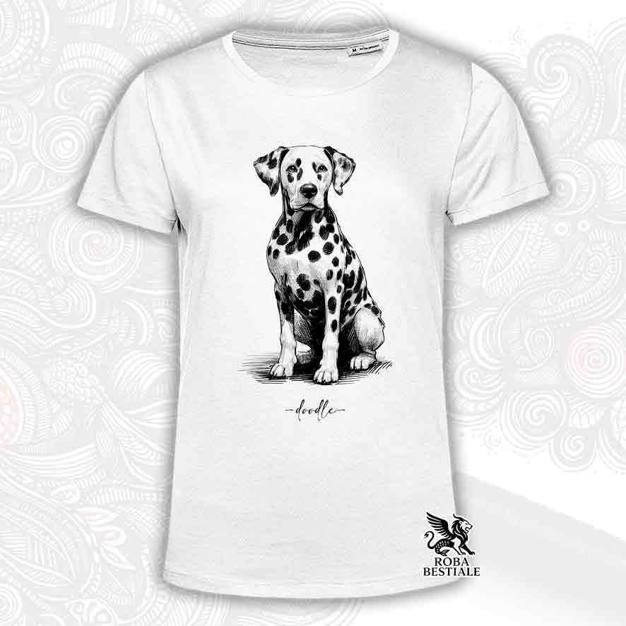 T-shirt bianca stampata con un Dalmata, grafica Doodle