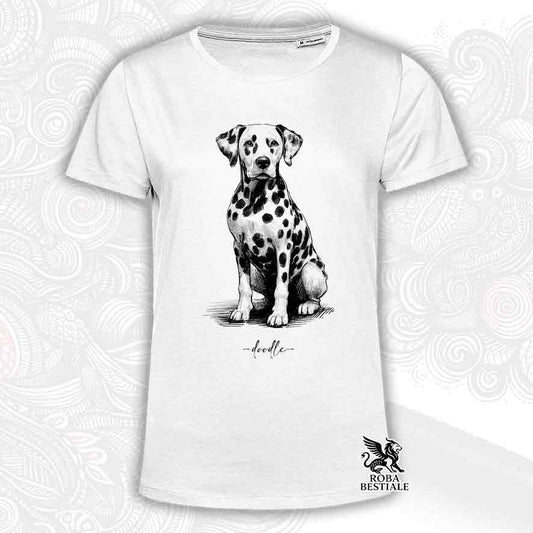 T-shirt bianca stampata con un Dalmata, grafica Doodle