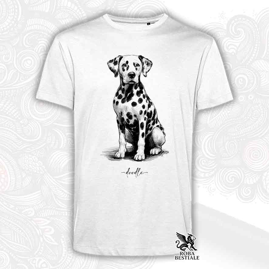 T-shirt bianca stampata con un Dalmata, grafica Doodle
