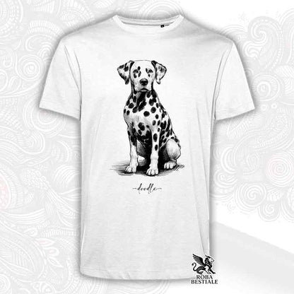 T-shirt bianca stampata con un Dalmata, grafica Doodle