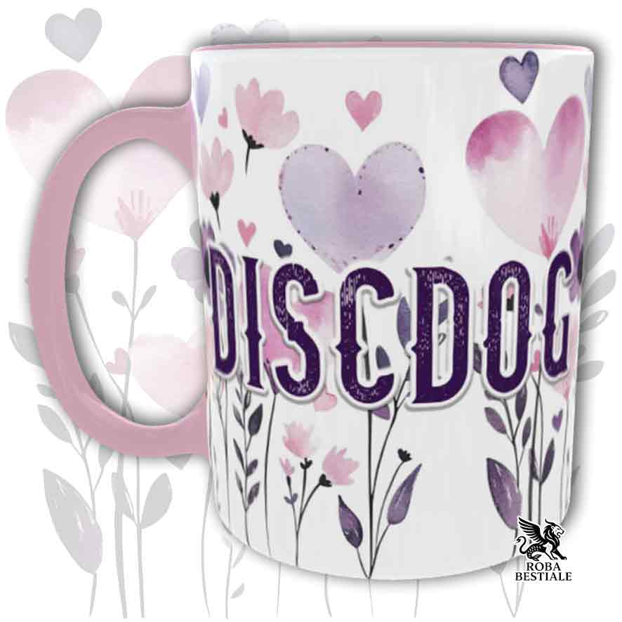 Tazza con dettagli rosa stampata con una grafica dedicata al Disc Dog, collezione Candy