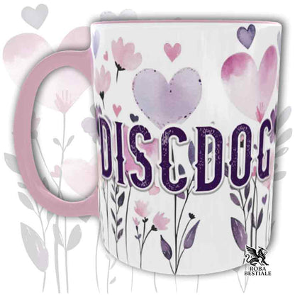Tazza con dettagli rosa stampata con una grafica dedicata al Disc Dog, collezione Candy