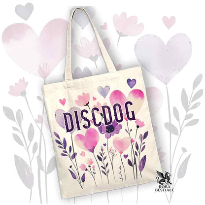 Borsa shopper beige stampata con una grafica dedicata al Disc Dog, collezione Candy
