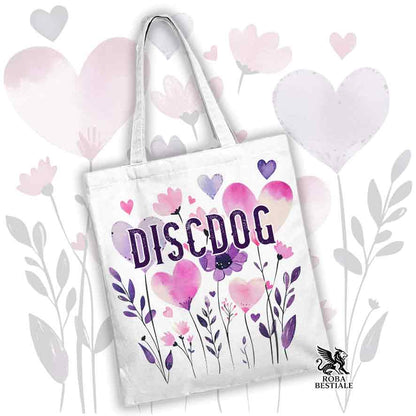 Borsa shopper bianca stampata con una grafica dedicata al Disc Dog, collezione Candy