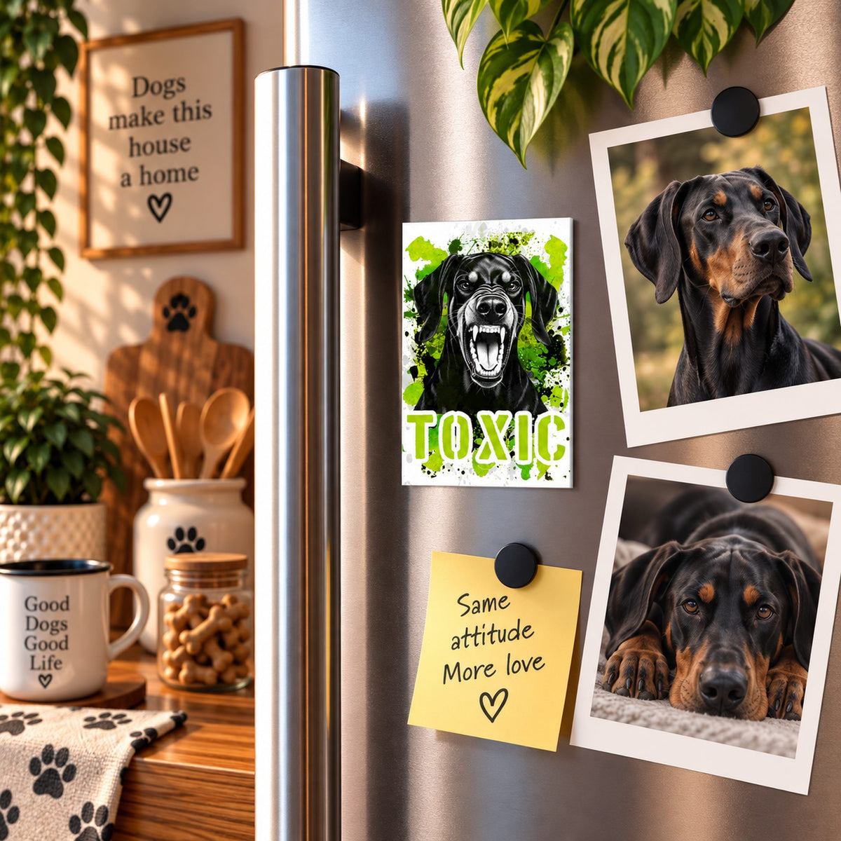Calamita in MDF con la stampa di un Dobermann. Idea regalo per amanti dei cani, da Roba Bestiale