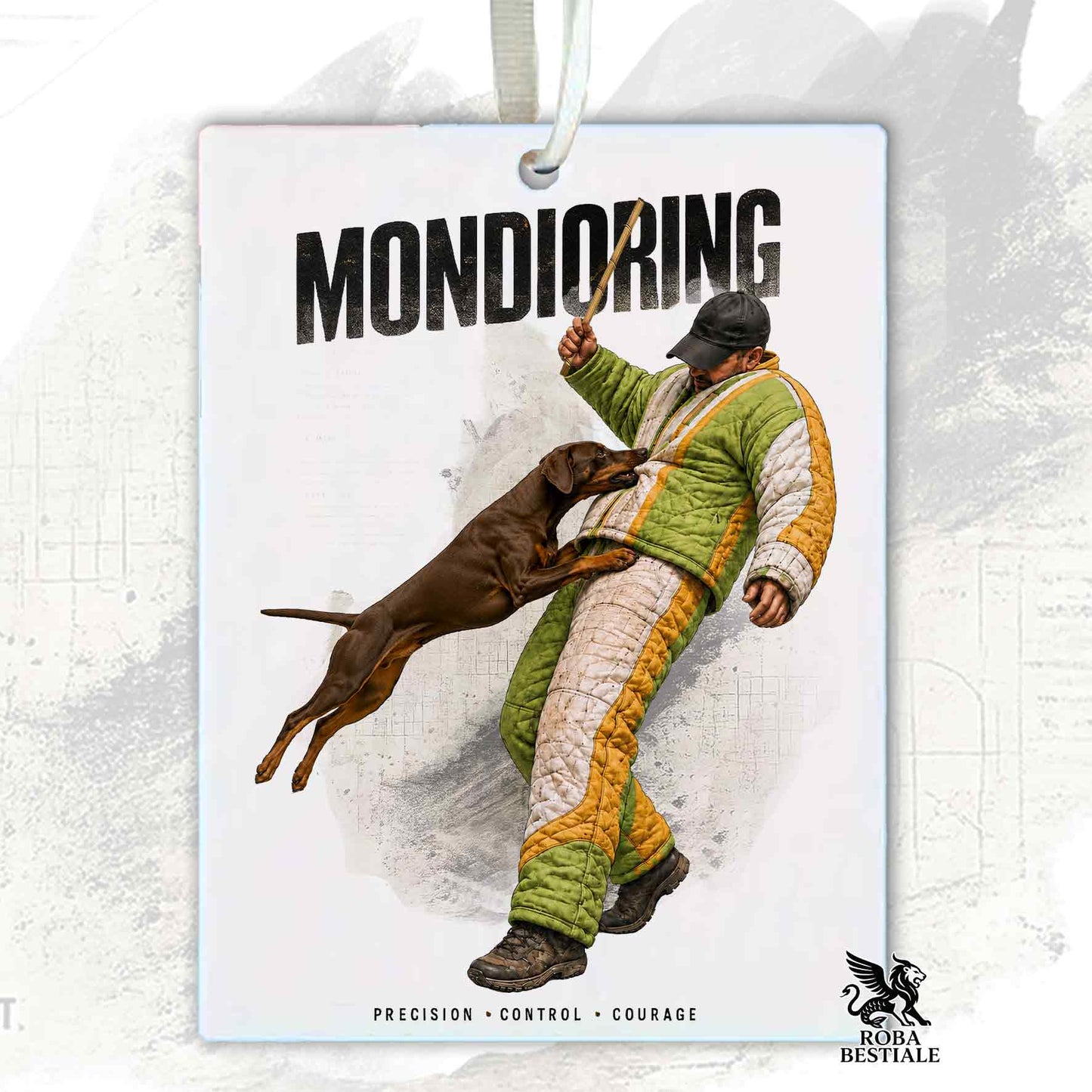 Profumatore in feltro con la stampa di un Dobermann che pratica Mondioring. Grafica originale Roba Bestiale