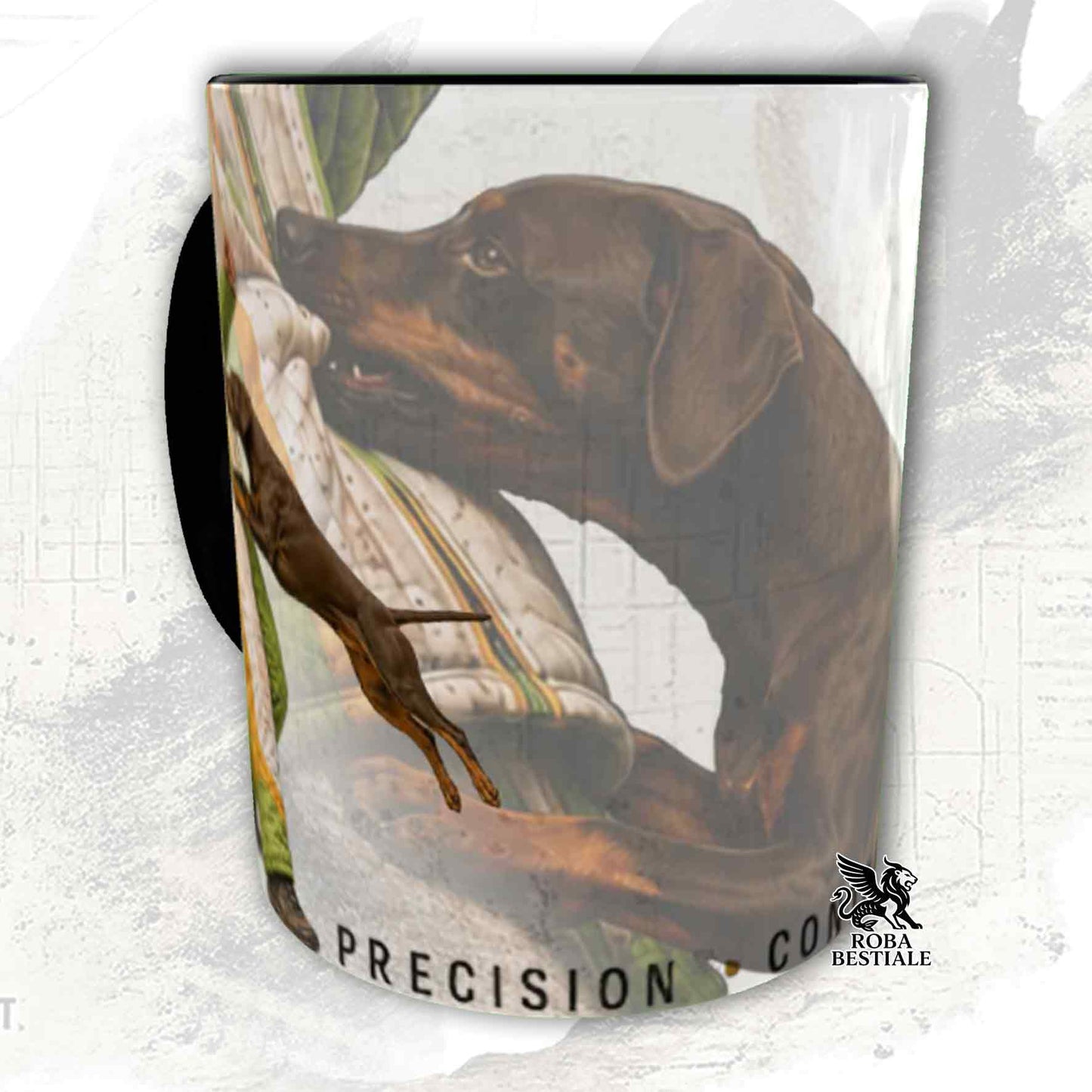Tazza bianca con dettagli neri stampata una grafica originale di Roba Bestiale con un Dobermann che fa Mondioring