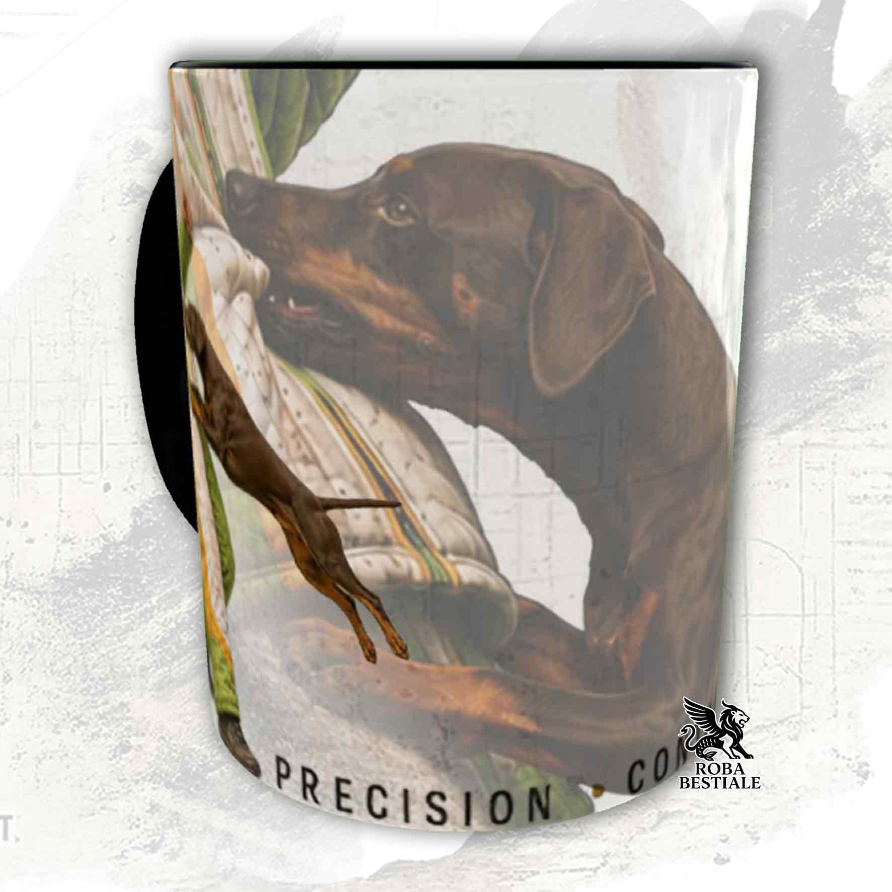 Tazza bianca con dettagli neri stampata una grafica originale di Roba Bestiale con un Dobermann che fa Mondioring