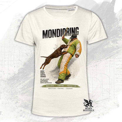 T-shirt beige stampata con Dobermann in una grafica dedicata al Mondioring, collezione Zero DIstance di Roba Bestiale